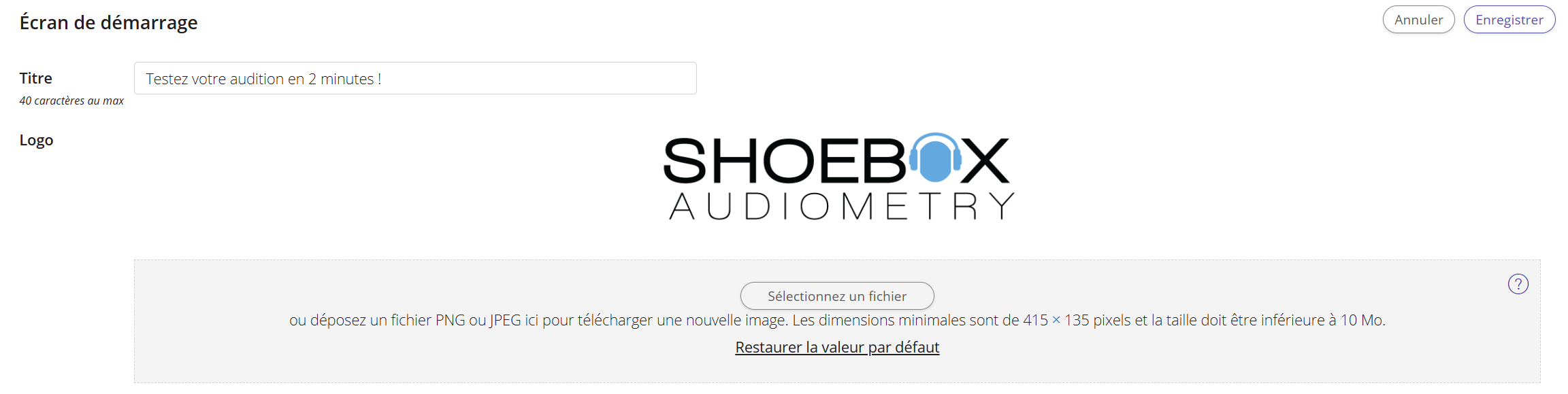 Une capture d'écran présentant les paramètres de l'écran de démarrage de QuickTest dans le portail de gestion des données.
