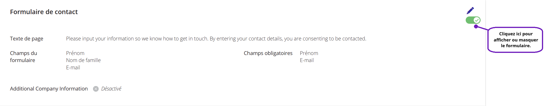 Une capture d'écran des paramètres du formulaire de contact de QuickTest, avec une annotation mettant en évidence le bouton à bascule.