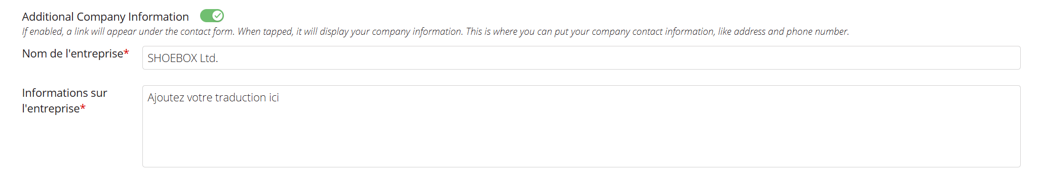 Une capture d'écran des paramètres permettant à un utilisateur d'ajouter des informations supplémentaires sur l'entreprise aux formulaires de contact dans QuickTest.