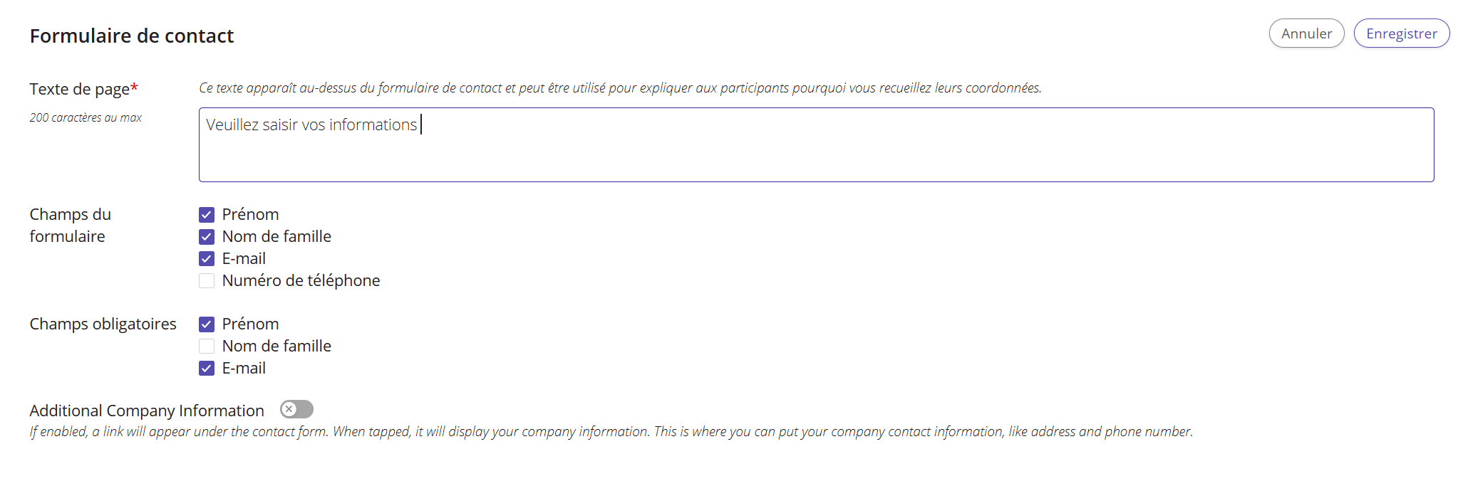 Capture d'écran des paramètres du formulaire de contact de QuickTest, avec les champs du formulaire et les champs obligatoires sélectionnés.