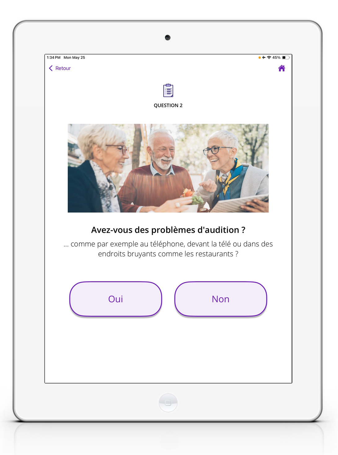 Une image d'un iPad affichant l'écran du questionnaire de QuickTest.
