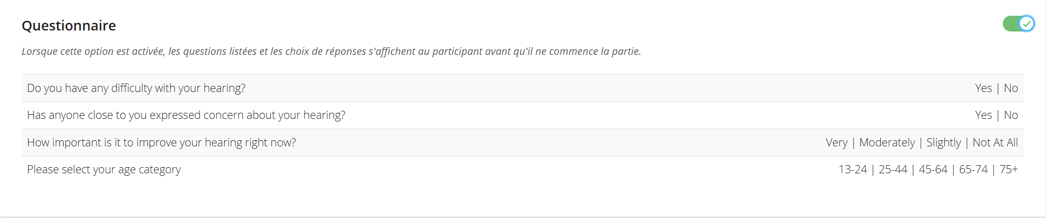 Une capture d'écran des paramètres du questionnaire QuickTest dans le portail de gestion des données.
