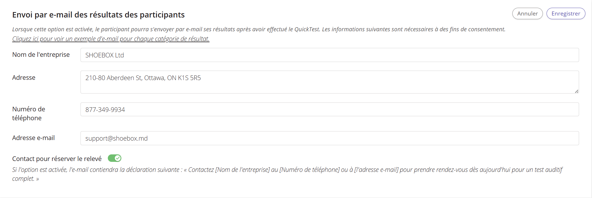 Capture d'écran du paramètre « Résultats des participants par courriel » de QuickTest, avec le bouton de sélection « Contacter pour réserver » activé.