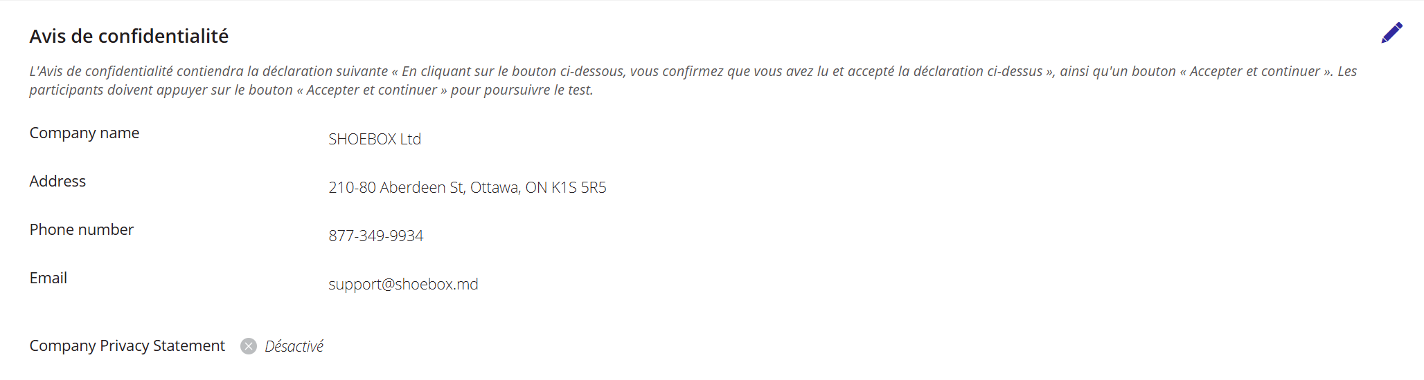 Une capture d'écran des paramètres relatifs à la politique de confidentialité dans QuickTest.