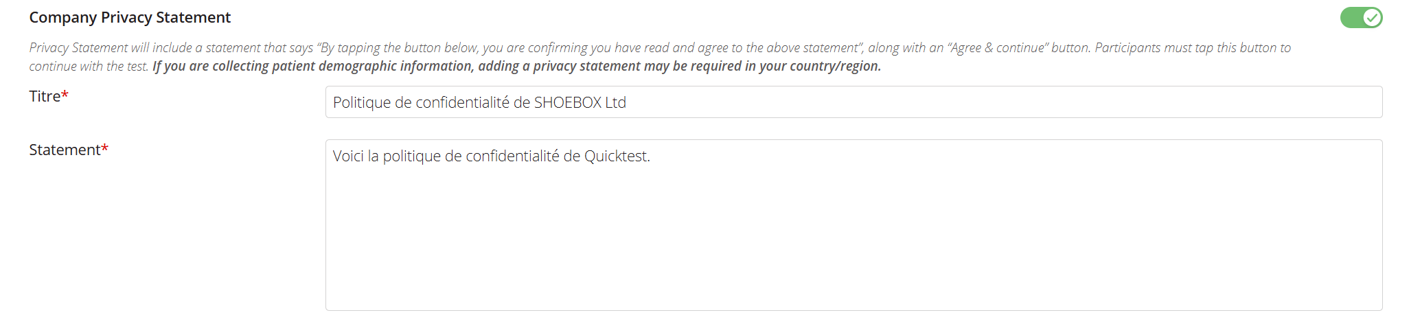 Une capture d'écran des paramètres permettant d'ajouter une déclaration de confidentialité personnalisée à QuickTest.