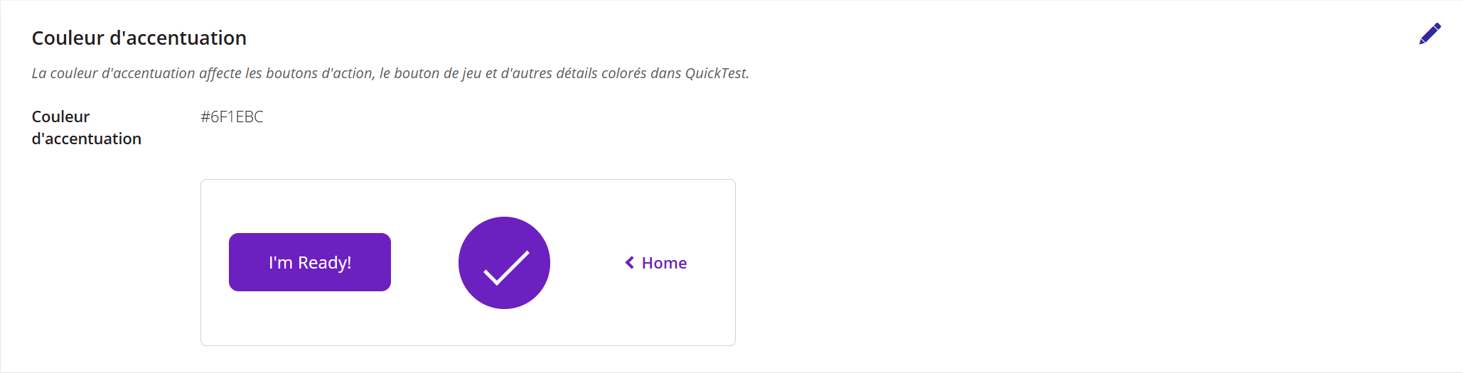 Une capture d'écran du paramètre « Accent Colour » (Couleur d'accentuation) de QuickTest dans le portail de gestion des données.