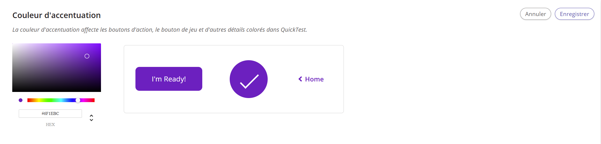 Une capture d'écran montrant l'outil de sélection des couleurs utilisé dans le paramètre « Couleur d'accent » de QuickTest.