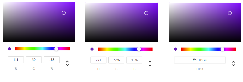 Une compilation de trois captures d'écran présentant les champs de saisie optionnels pour les codes RVB, HSL et HEX de l'outil de sélection des couleurs.