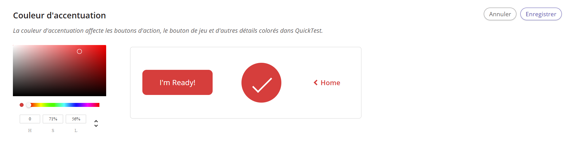 Une capture d'écran de l'outil de sélection des couleurs de QuickTest et de son bouton « Enregistrer ».