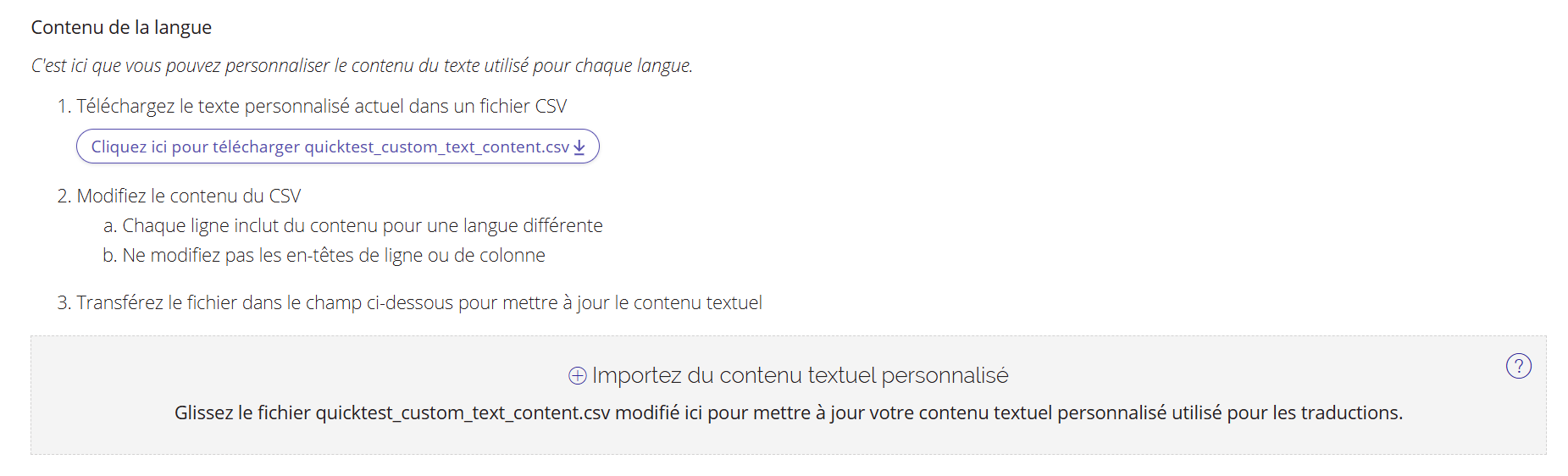 Une capture d'écran de la section « Contenu linguistique » de QuickTest dans le Portail de gestion des données.