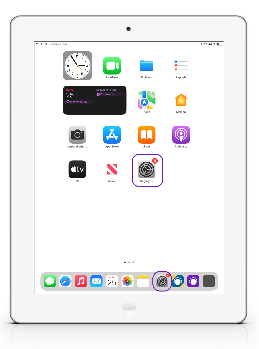 Une image de l'écran d'accueil d'un iPad sur laquelle l'icône « Réglages » est mise en évidence.
