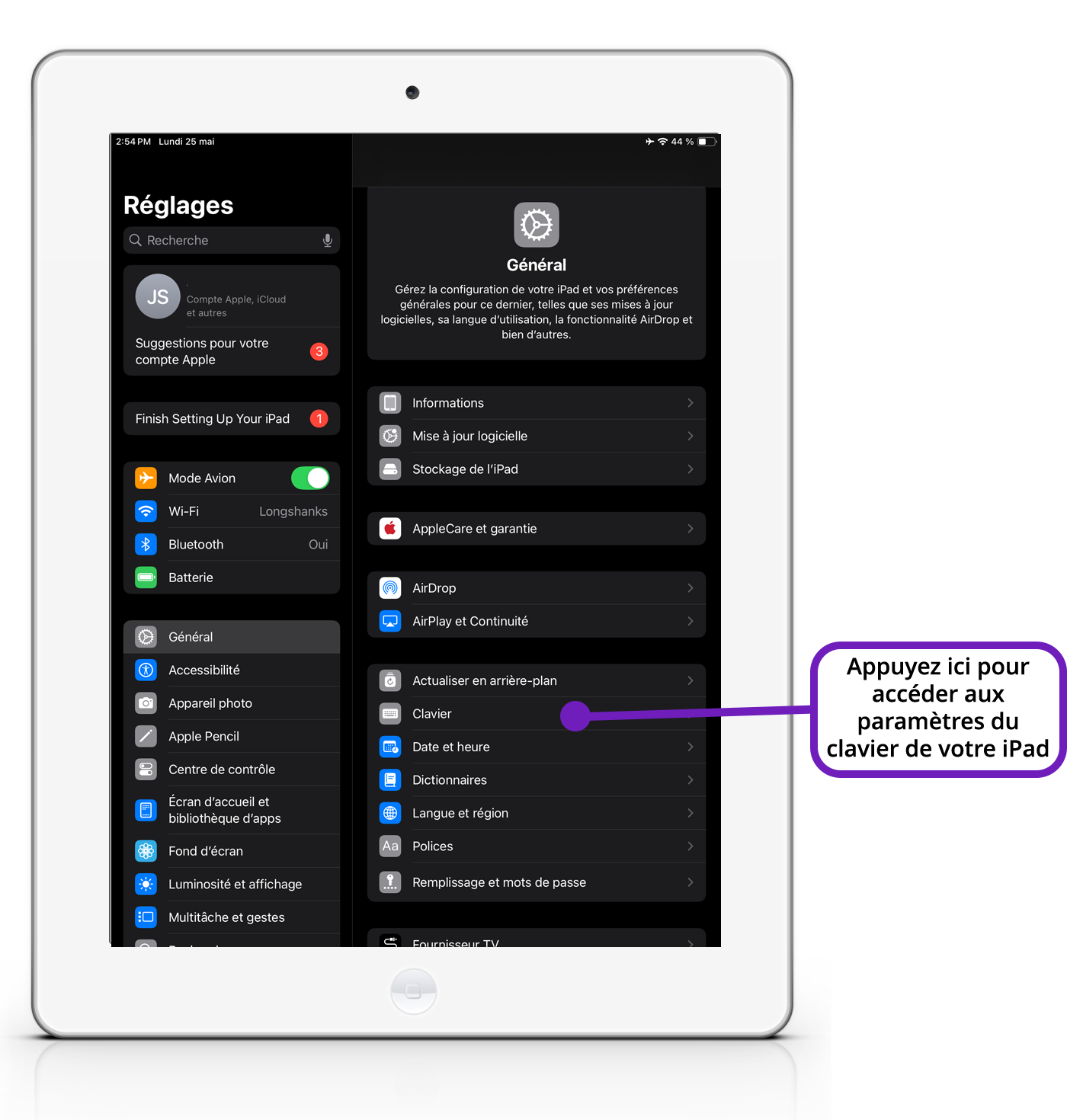 Une image des paramètres du clavier d'un iPad, avec une annotation mettant en évidence l'option « Ajouter un nouveau clavier ».