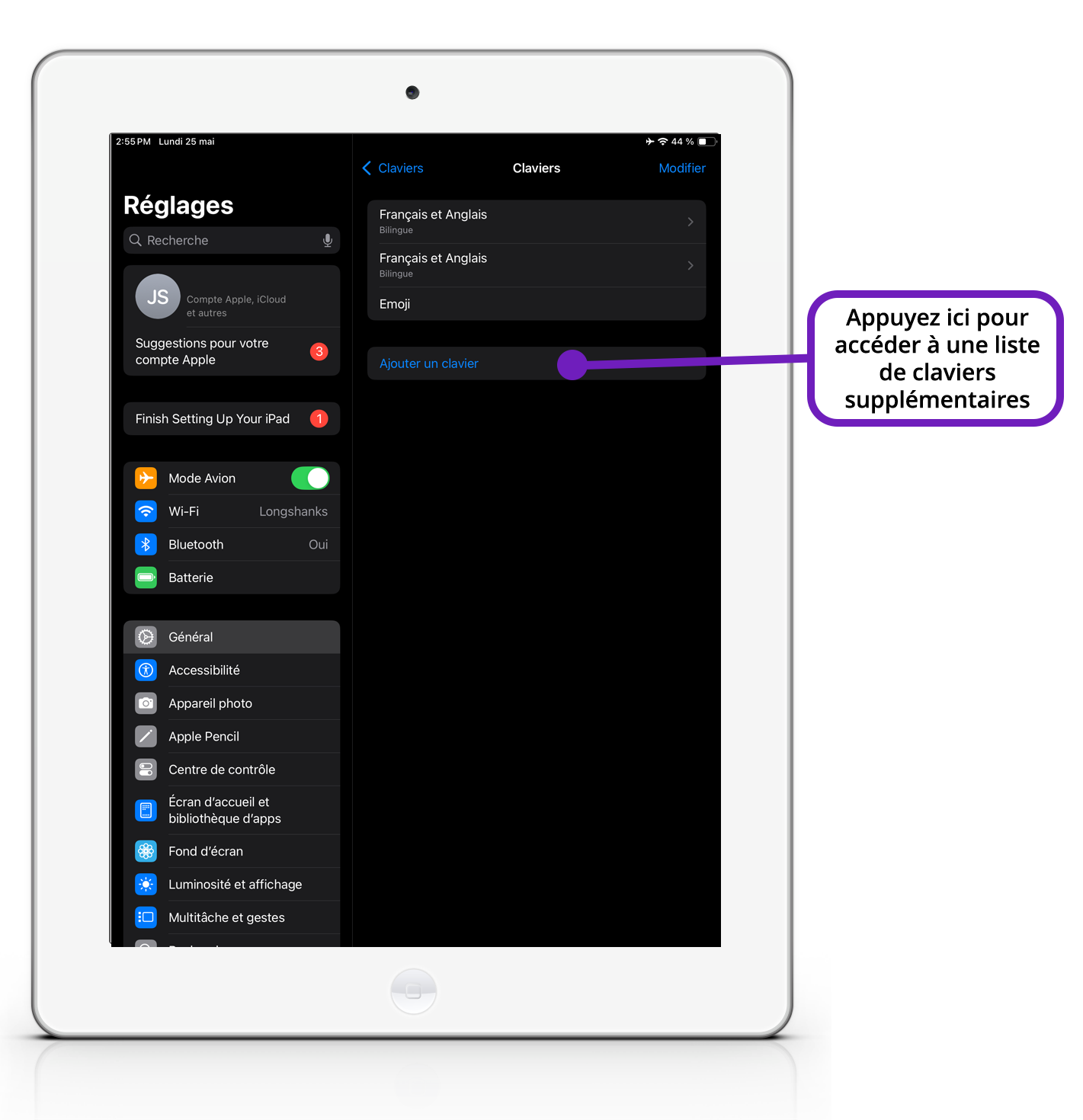 Une image des paramètres du clavier d'un iPad, avec une annotation mettant en évidence l'option « Ajouter un nouveau clavier ».