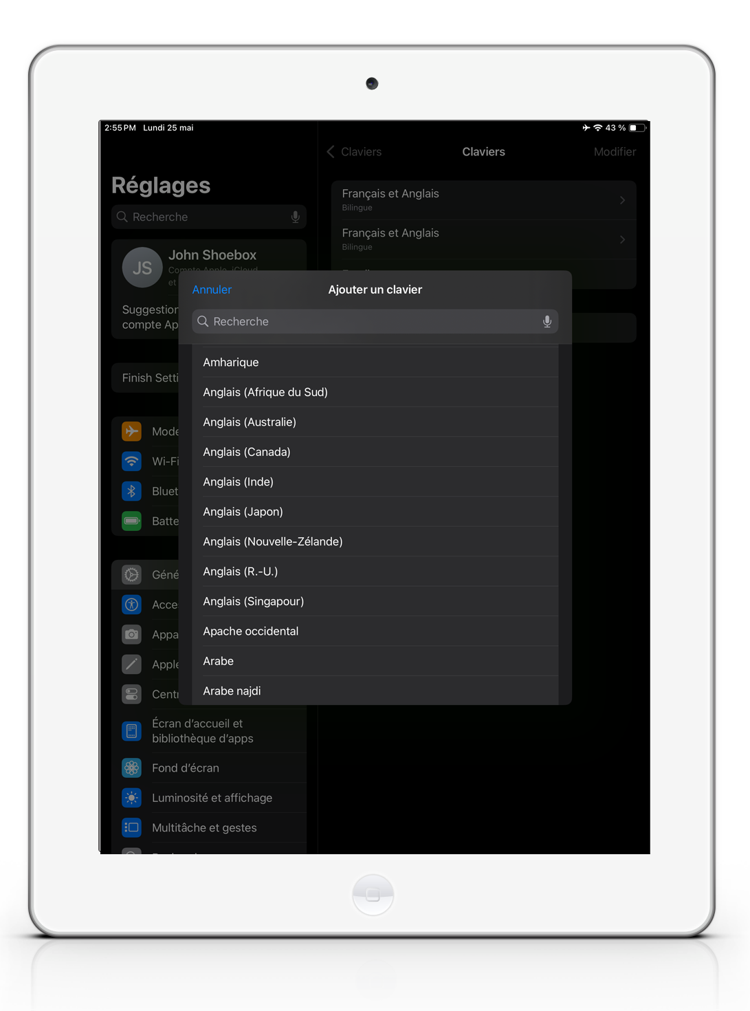 Une image d'un iPad affichant la fenêtre « Ajouter un nouveau clavier ».