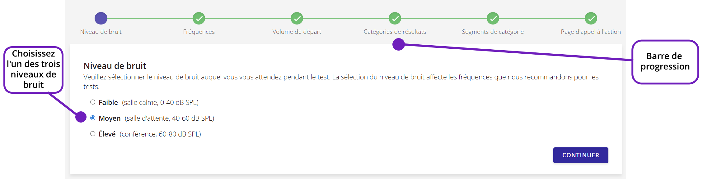Une capture d'écran des paramètres de niveau sonore dans l'assistant de configuration des tests de QuickTest.