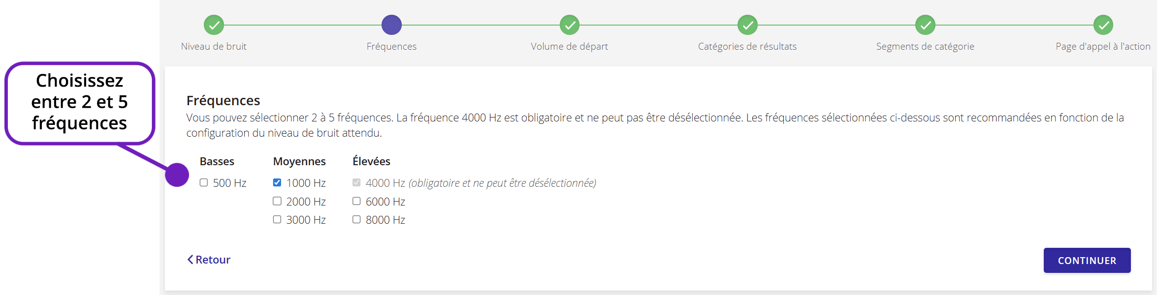 Une capture d'écran des paramètres de fréquences de QuickTest, avec une annotation indiquant de sélectionner deux à cinq fréquences.