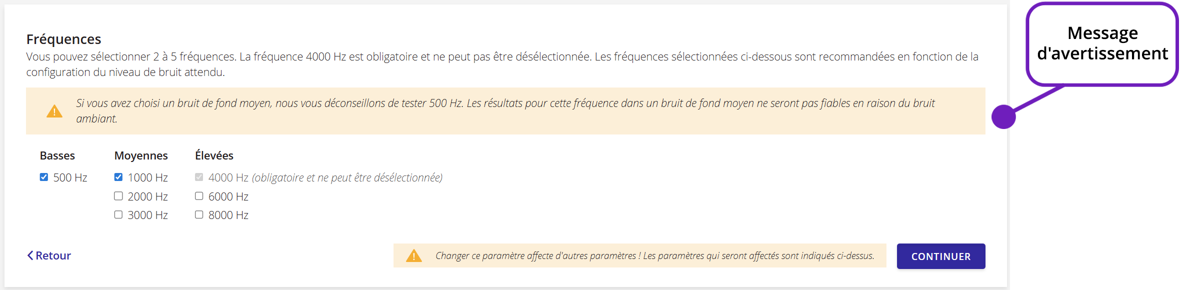 Une capture d'écran du paramètre « Fréquences » de QuickTest affichant un message d'avertissement en fonction des options sélectionnées.