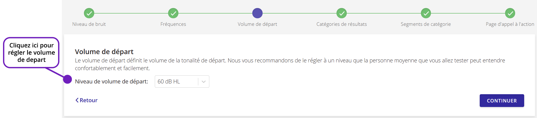 Une capture d'écran du paramètre « Volume de depart » de QuickTest, avec annotation.