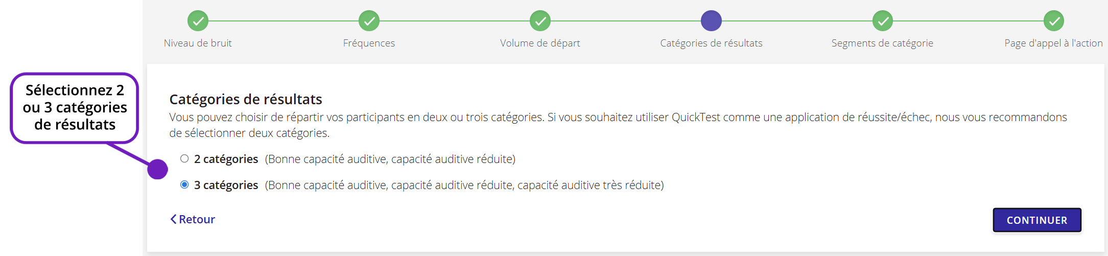 Capture d'écran des paramètres « Catégories de résultats » de QuickTest, avec une annotation indiquant de sélectionner deux ou trois catégories.