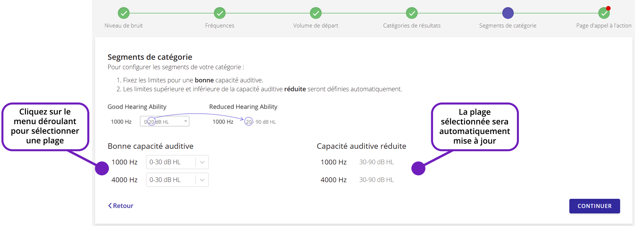 Une capture d'écran des paramètres « Segments de catégorie » de QuickTest, accompagnée d'une annotation expliquant comment configurer les options.
