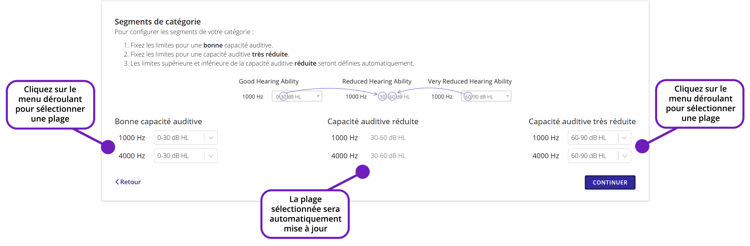 Une capture d'écran du paramètre « Segments de catégorie » de QuickTest, accompagnée d'une annotation expliquant comment configurer les options.