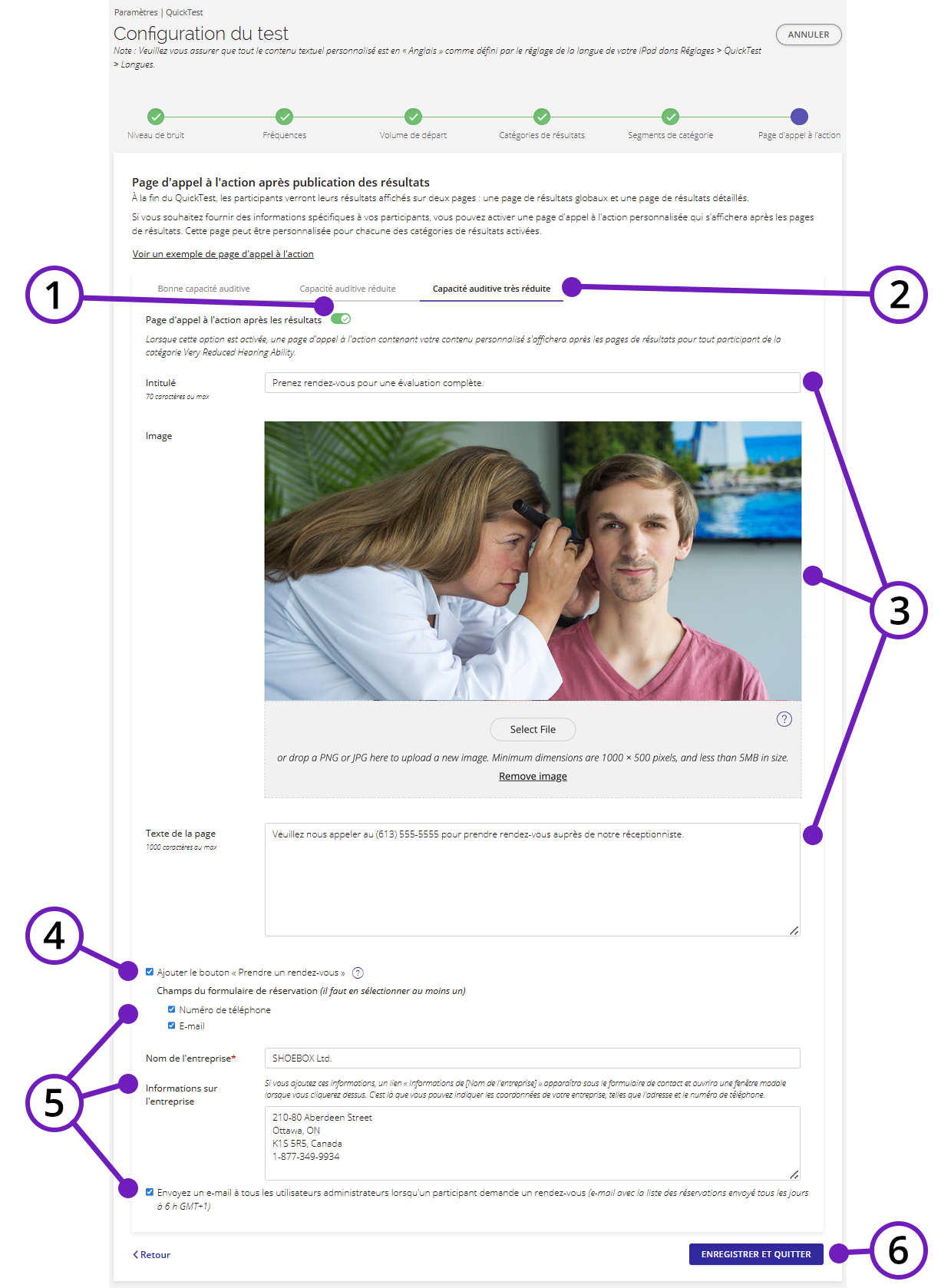 Une capture d'écran des paramètres de la page d'appel à l'action après les résultats dans QuickTest.