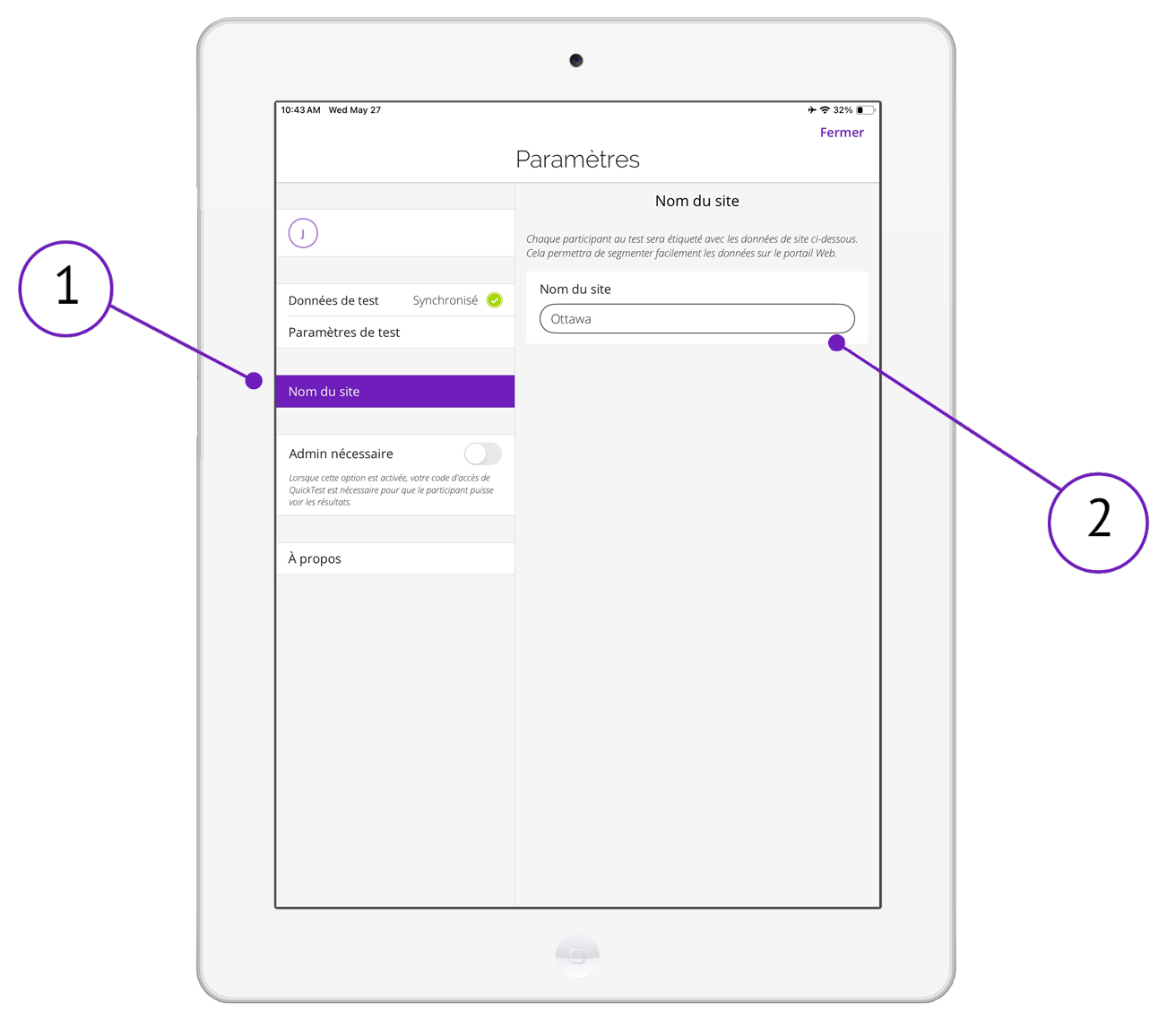 Une image sur un iPad montrant l'écran des paramètres de QuickTest, avec les options de nom de site mises en évidence.