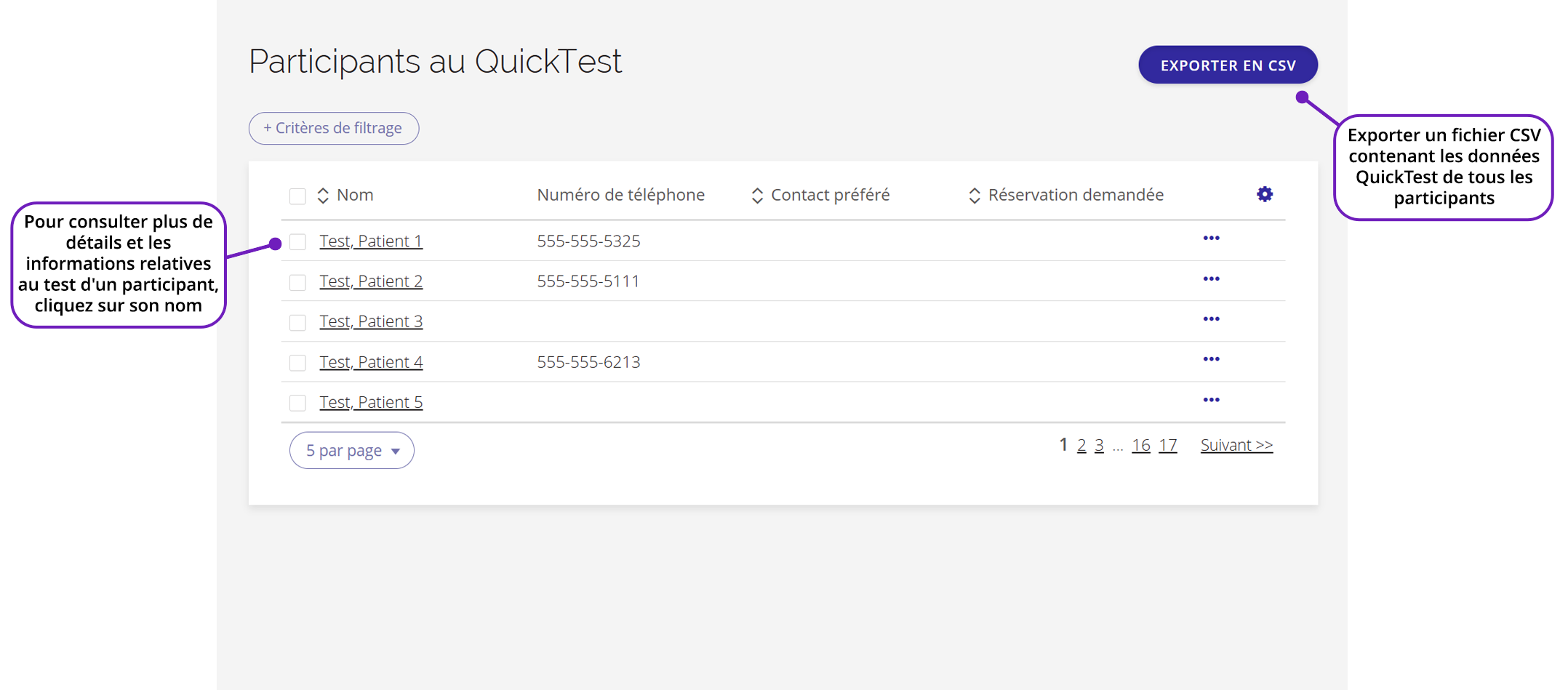 Une capture d'écran de la page « Participants à QuickTest » dans le portail de gestion des données.