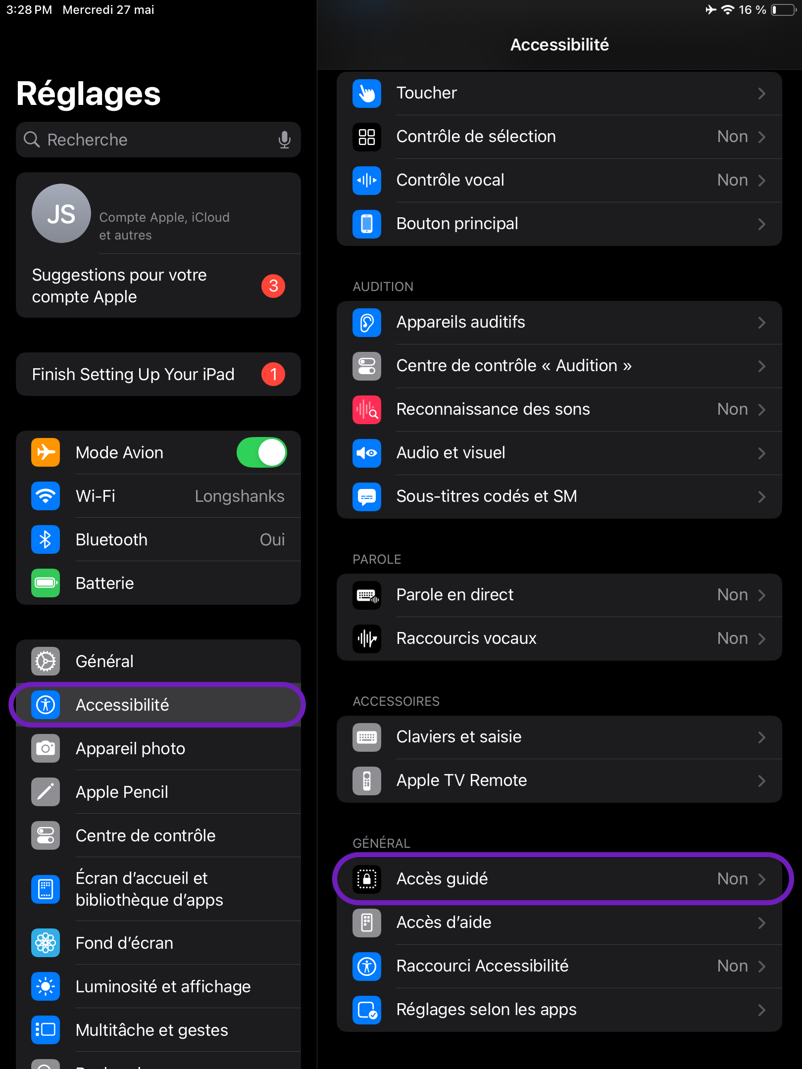 Une capture d'écran de l'écran des réglages d'un iPad, avec la fonction « Accès guidé » mise en évidence.
