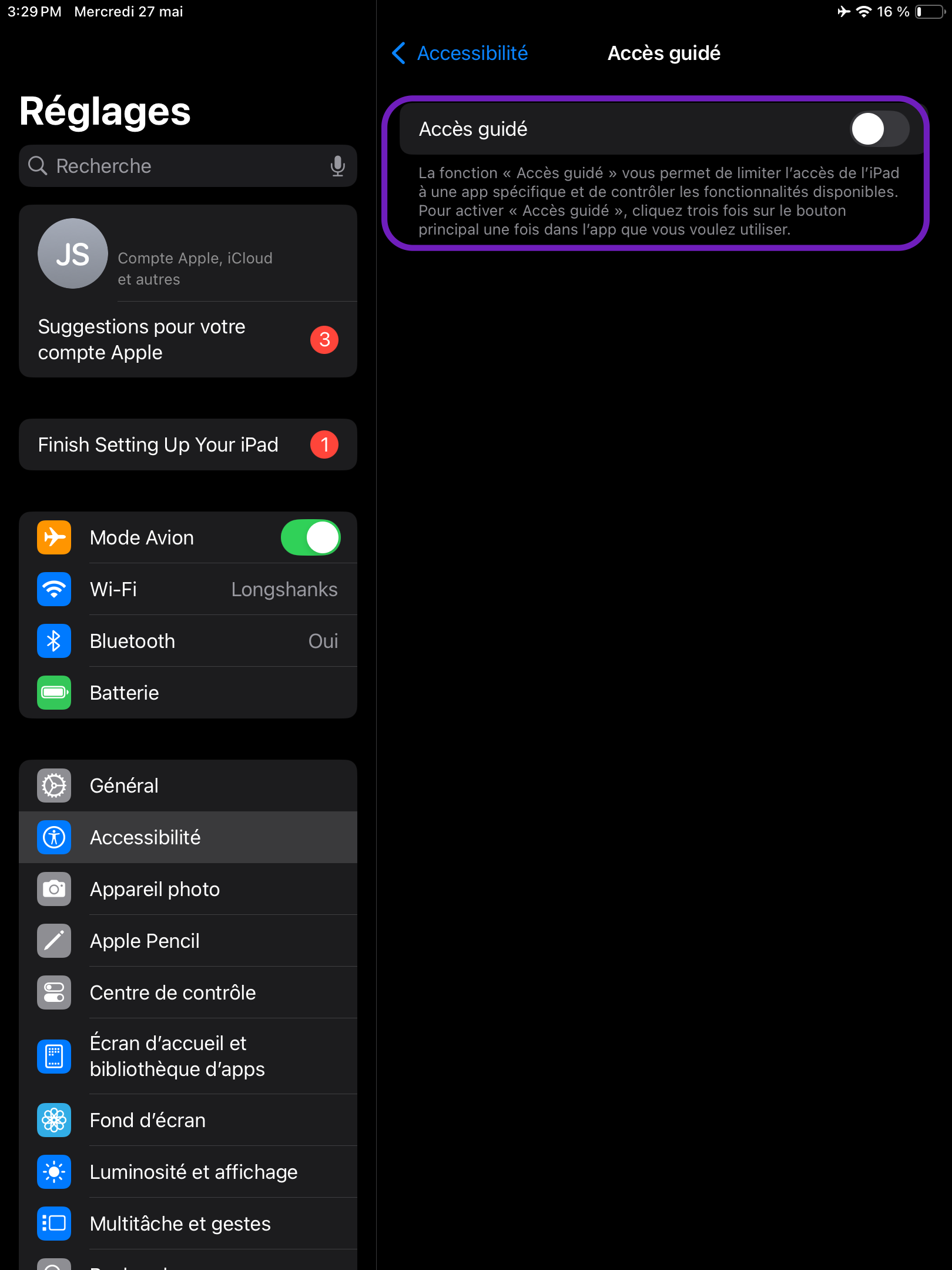 Une capture d'écran de l'écran des réglages d'un iPad, sur laquelle l'option « Accès guidé » est mise en évidence.
