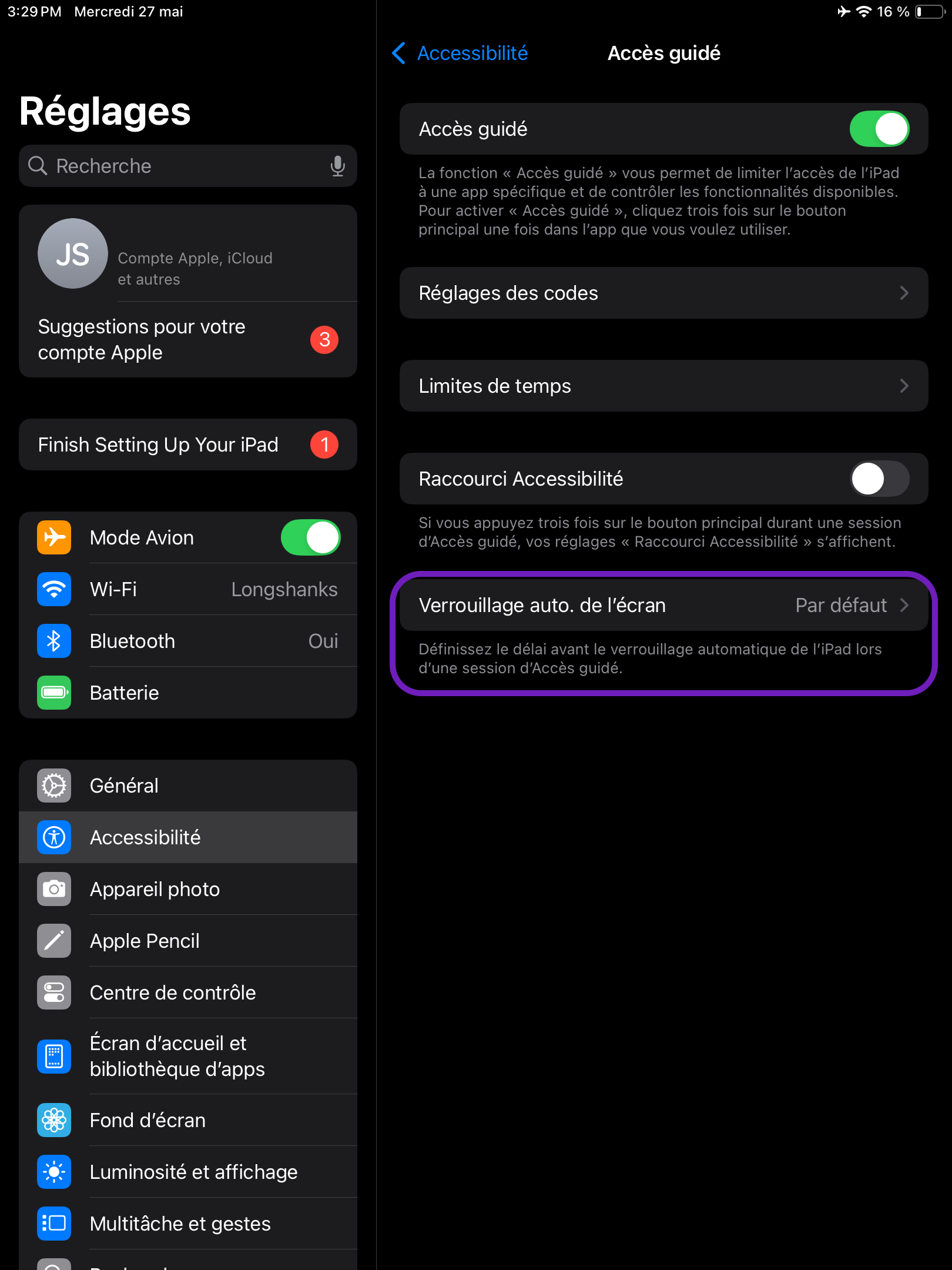 Une capture d'écran de l'écran des réglages d'un iPad, sur laquelle l'option « Verrouillage automatique de l'écran » est mise en évidence.