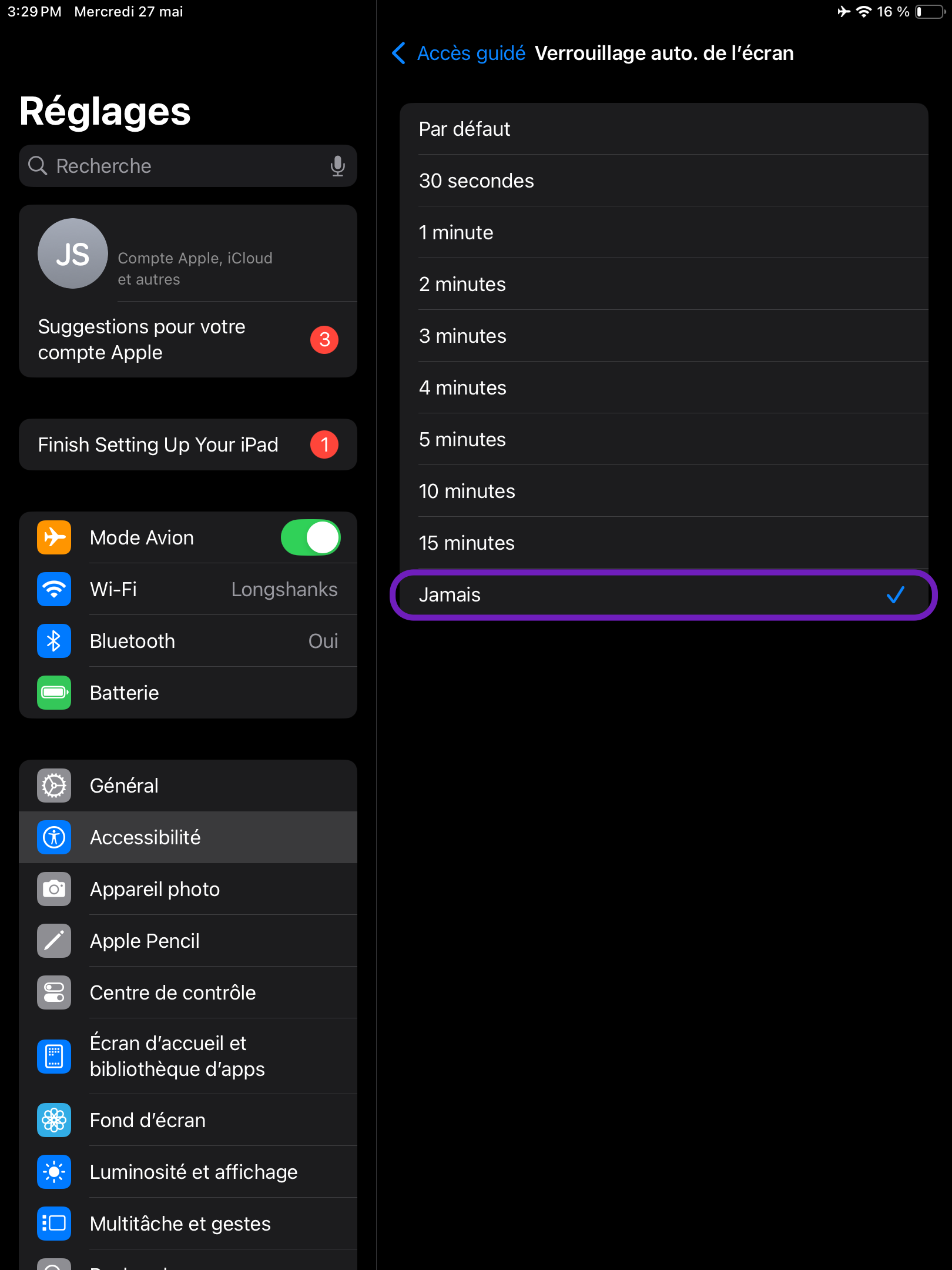 Une capture d'écran de l'écran des paramètres d'un iPad où l'option « Jamais » est mise en évidence.