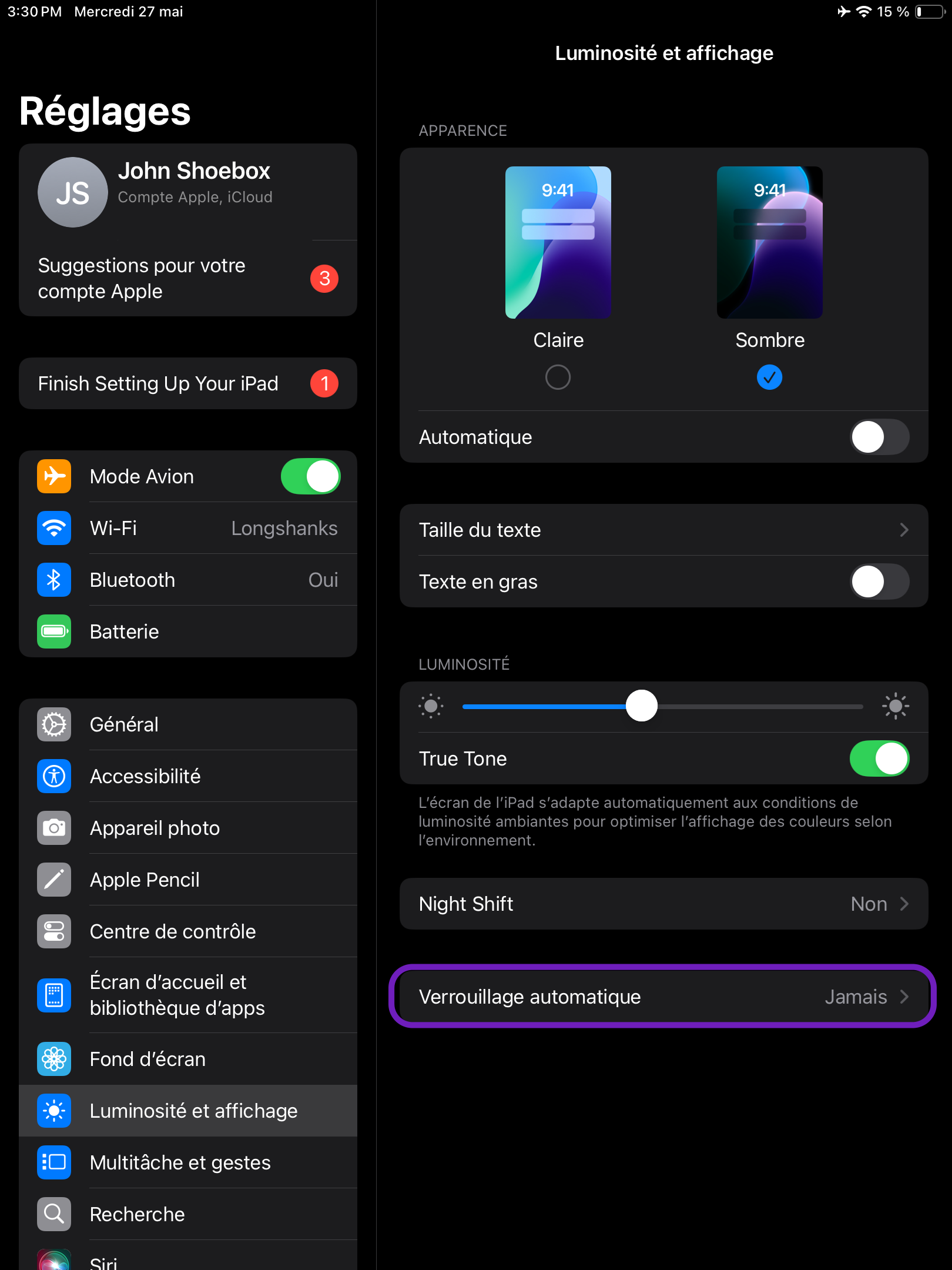 Une capture d'écran de l'écran des réglages d'un iPad, avec l'option « Affichage et luminosité » mise en évidence.