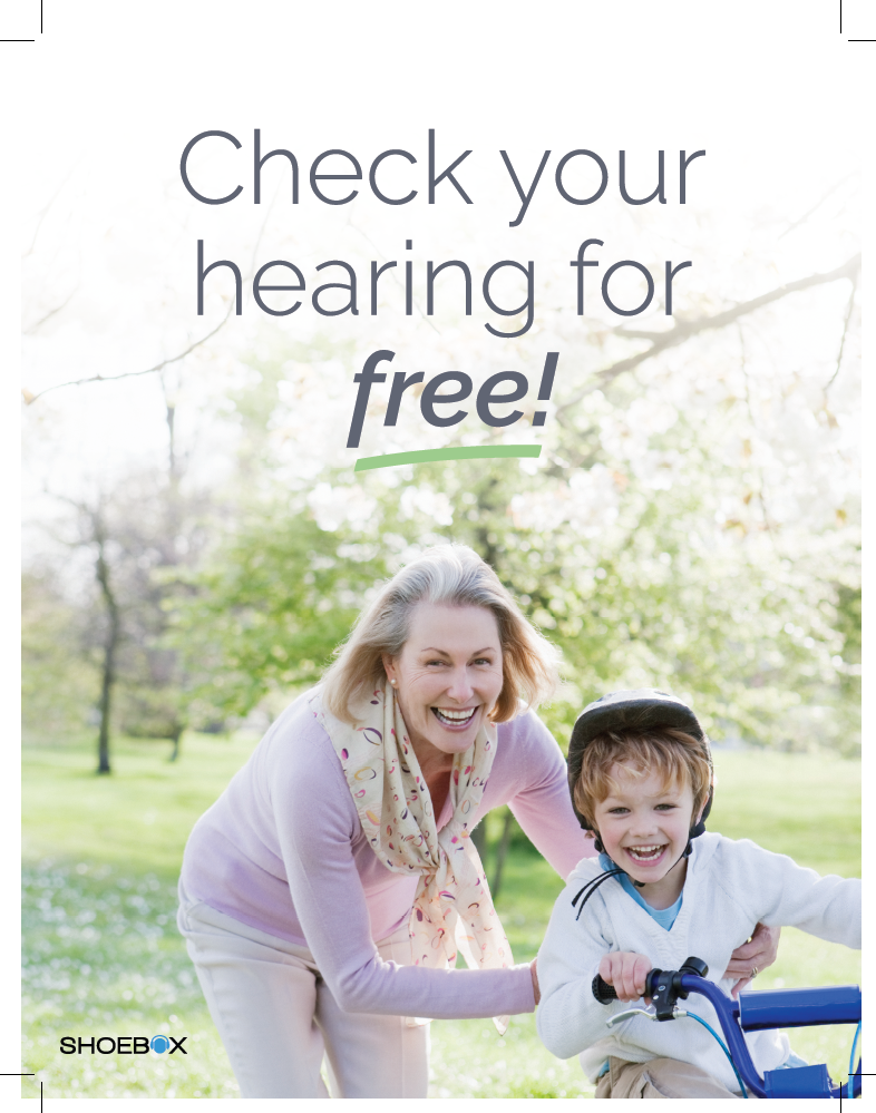 An image of a grandmother helping her grandchild ride a bike. The words Check your hearing for free overlays the image.