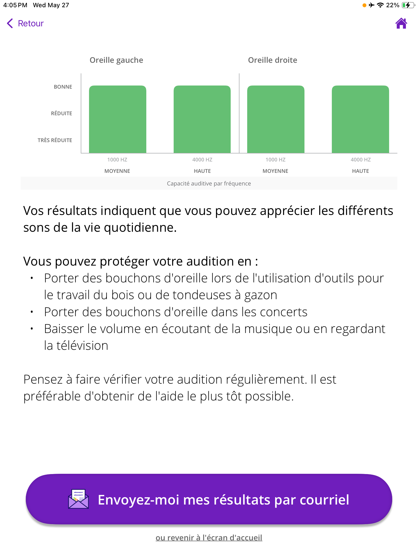Capture d'écran des résultats de la compétence « Bonne audition » avec 2 catégories.