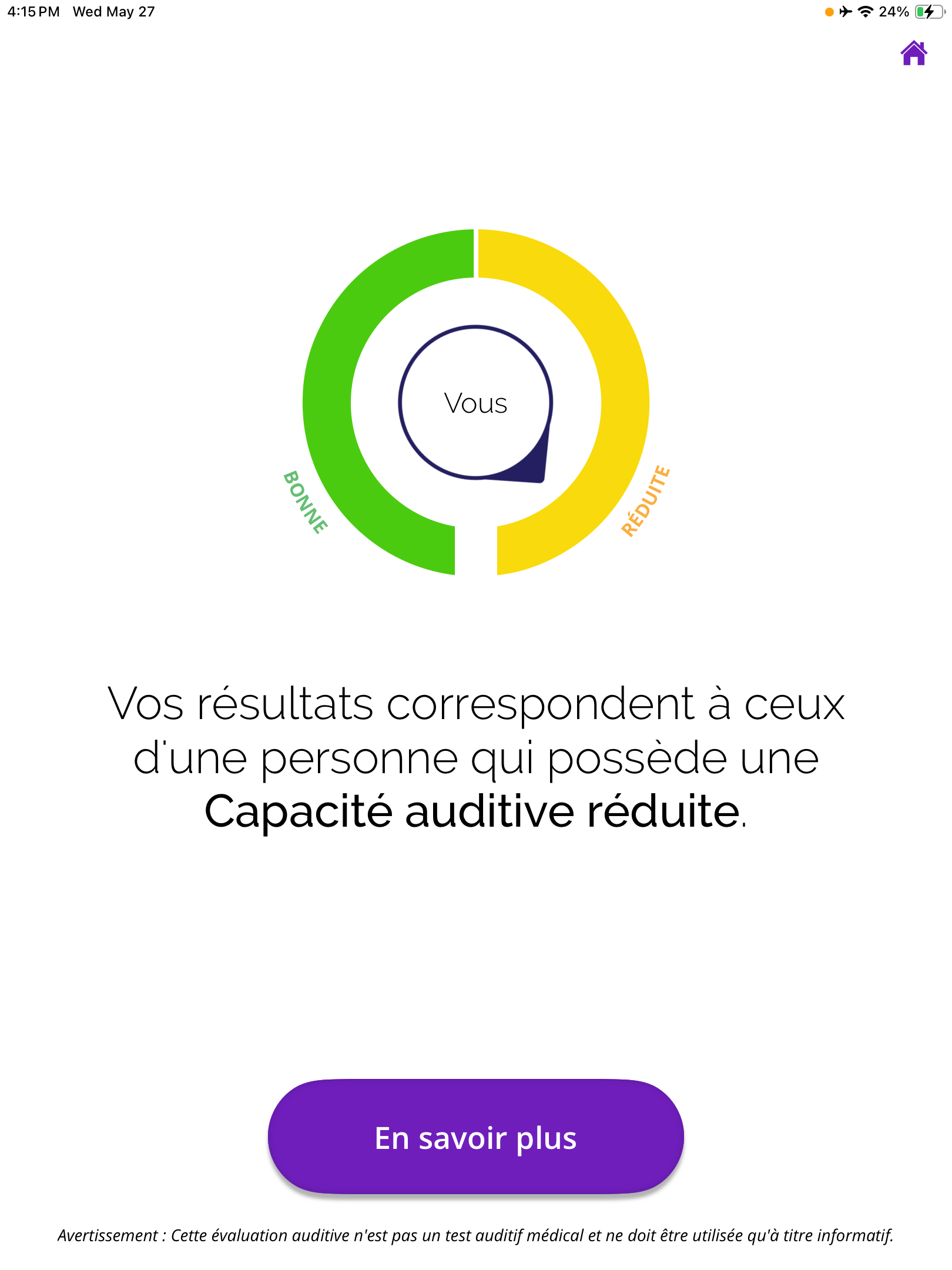 A screenshot of the Reduced Hearing ability results with 2 categories.