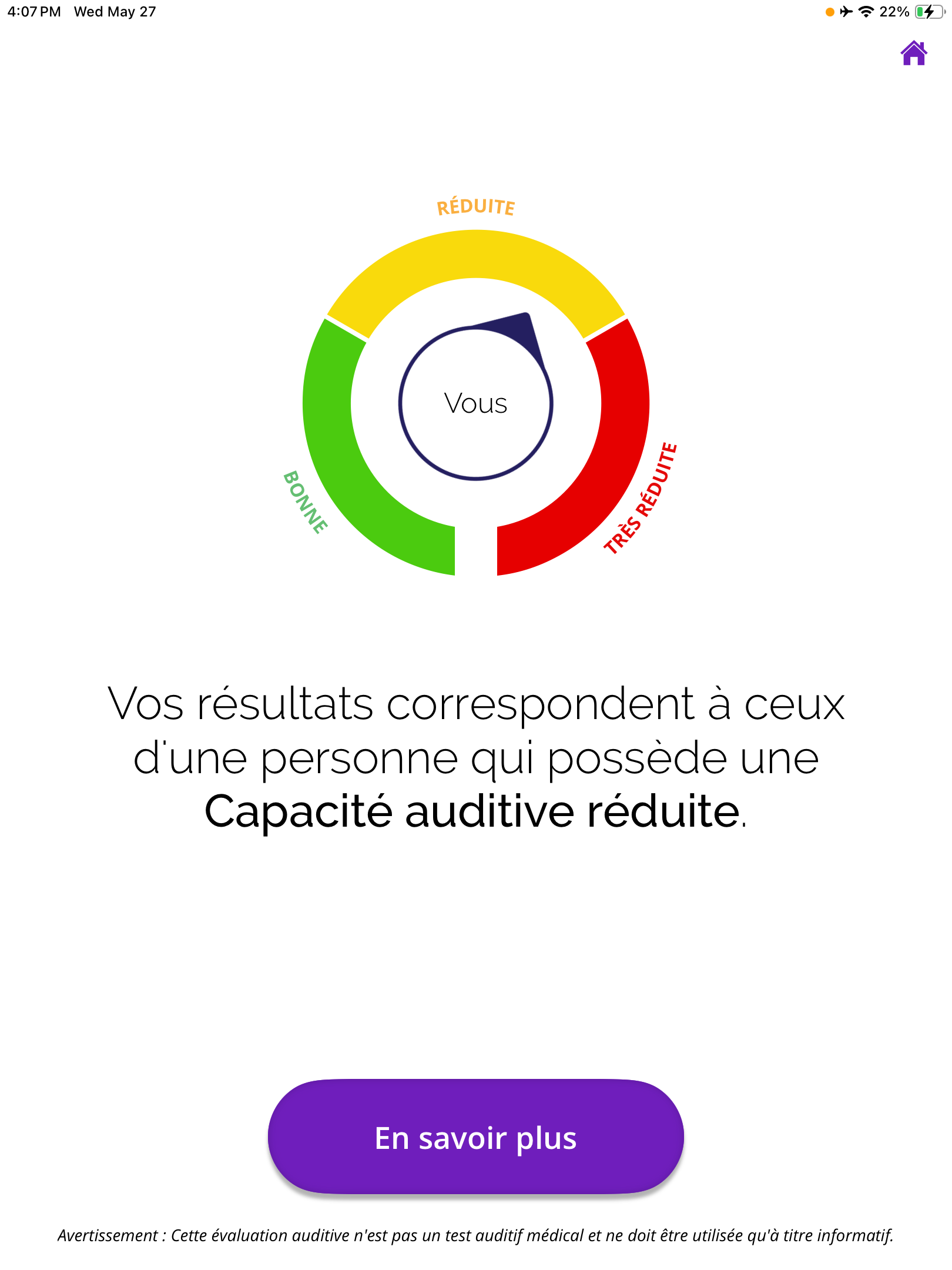 Capture d'écran des résultats de la compétence « Audition réduite » avec 3 catégories.