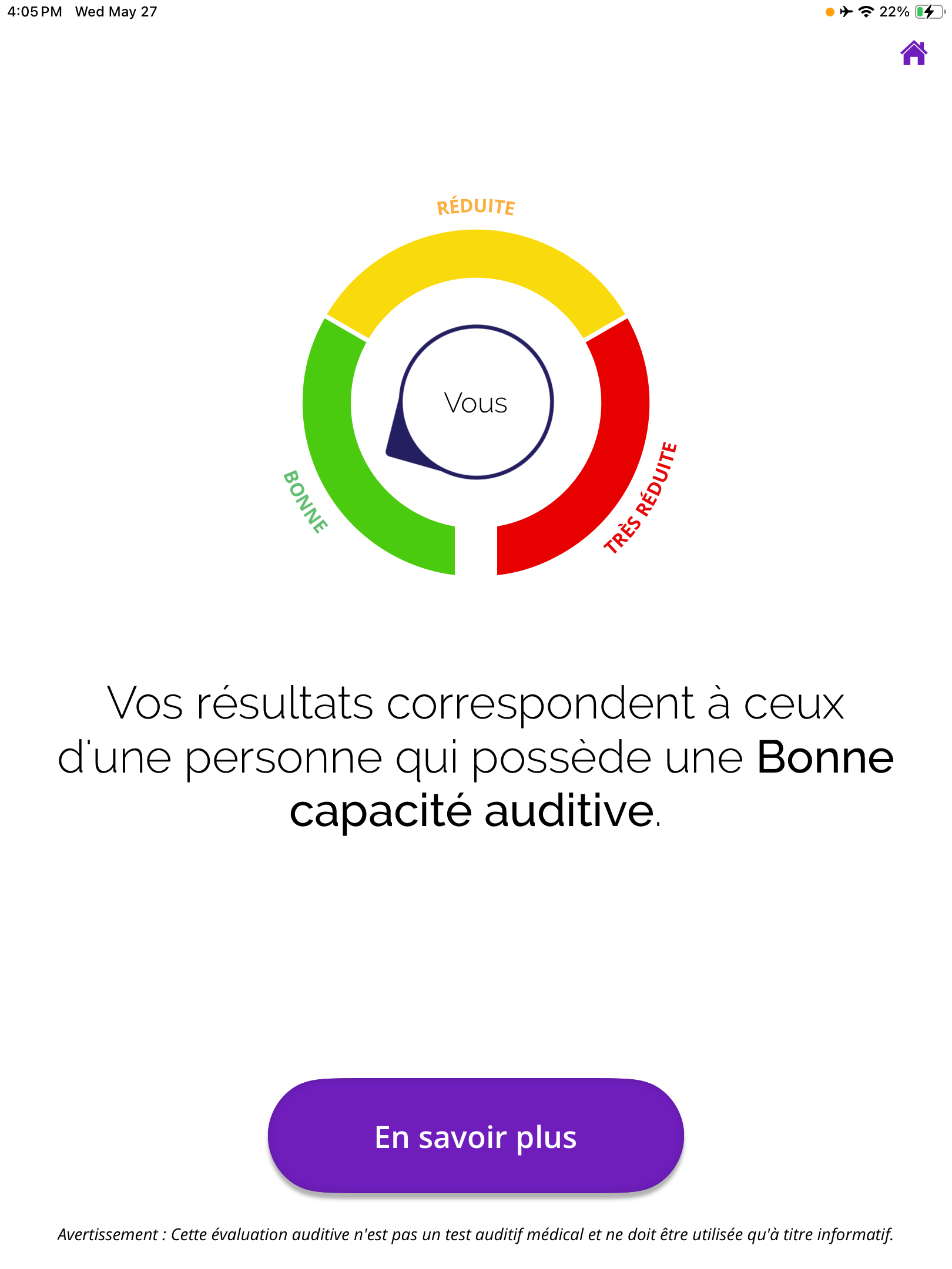 Capture d'écran des résultats de la compétence « Bonne audition » avec 3 catégories.