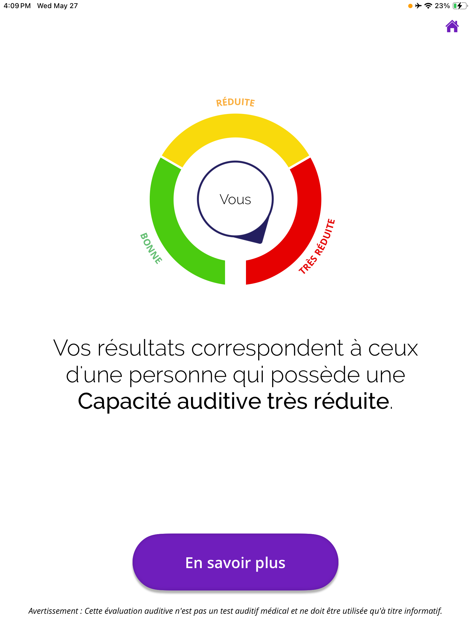 Capture d'écran des résultats de la compétence « Audition très réduite » avec 3 catégories.