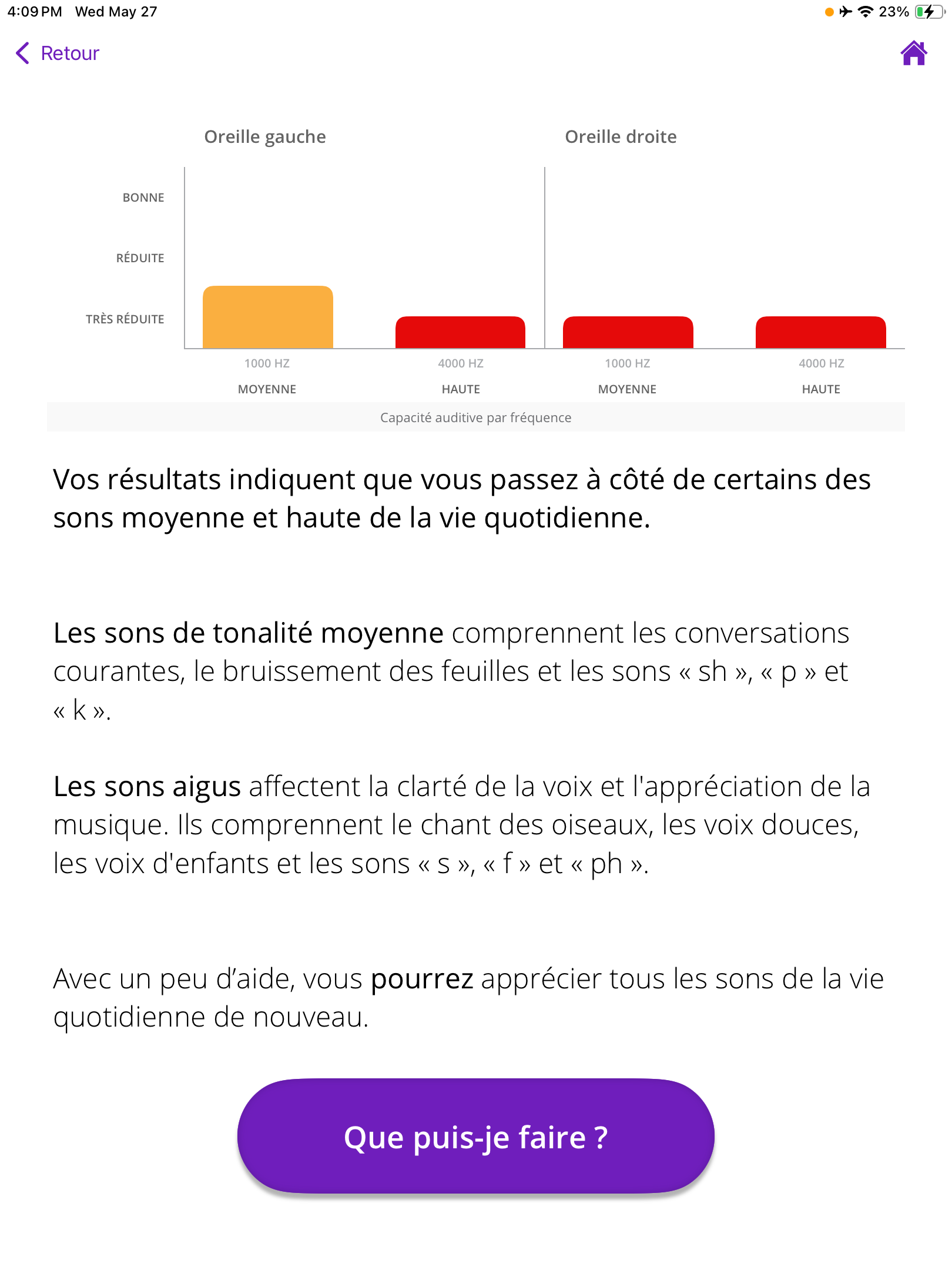 Capture d'écran des résultats de la compétence « Audition très réduite » avec 3 catégories.