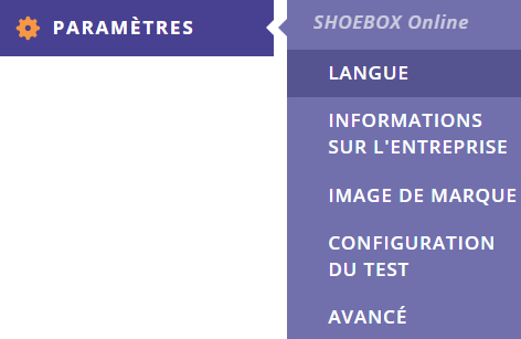 Une capture d'écran du menu latéral du Portail de gestion des données, avec l'option « Langue » sélectionnée sous « SHOEBOX Online ».