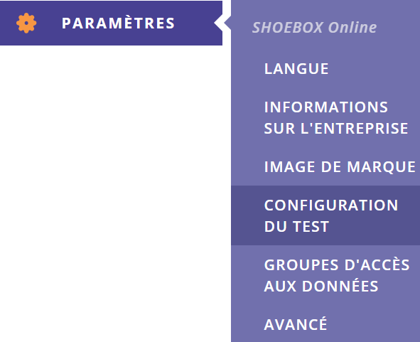 Capture d'écran du menu latéral du portail de gestion des données, avec l'option « Configuration du test en ligne SHOEBOX » sélectionnée.