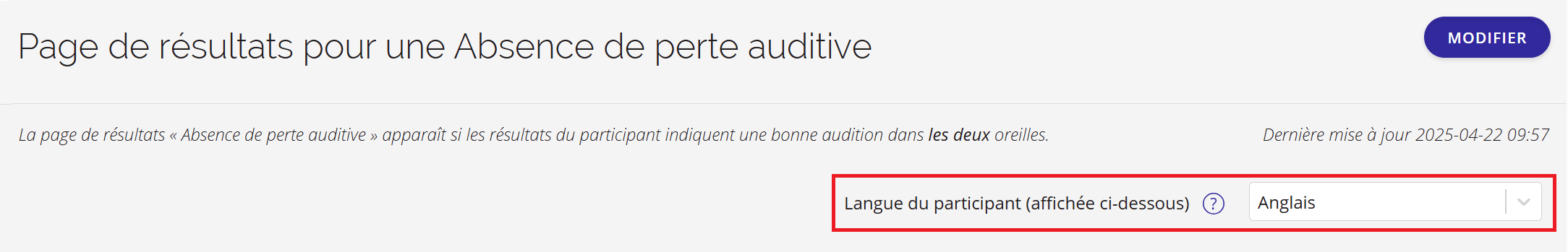 Une capture d'écran montrant le menu « Langue du participant » sur la page « Configuration du test ».