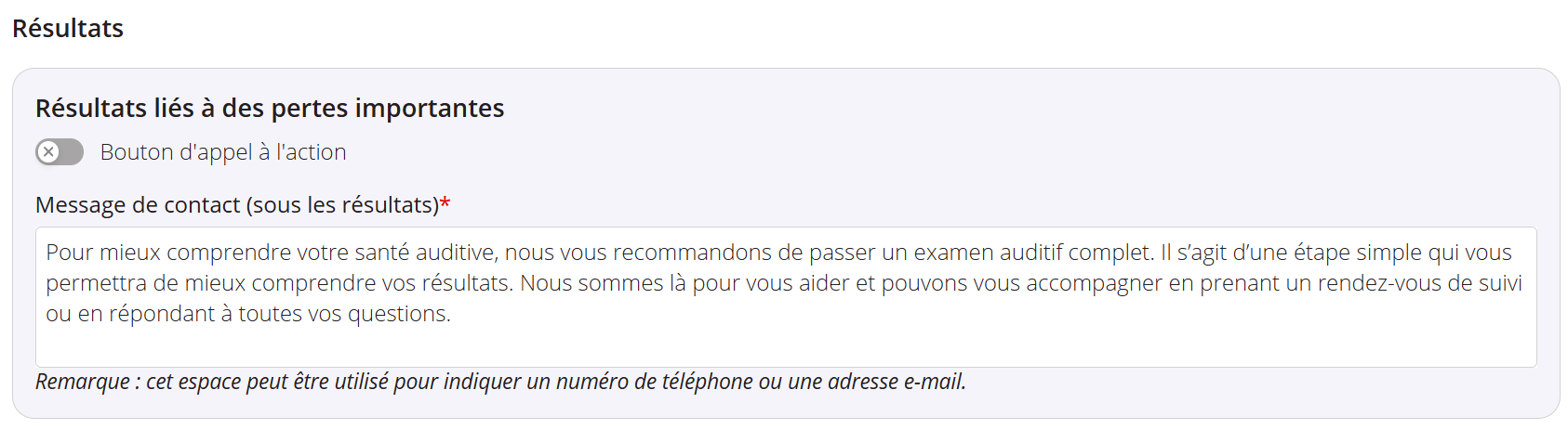 Une capture d'écran des paramètres de la catégorie « Résultats » pour les courriels de résultats destinés aux participants.