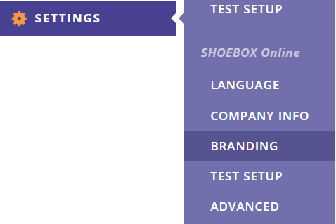 A screenshot of the Data Management Portal side menu with SHOEBOX Online Branding selected.