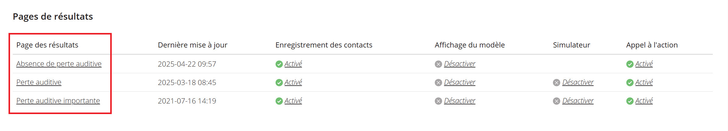 Une capture d'écran montrant la section « Pages de résultats » de la page « Configuration du test » de SHOEBOX Online.