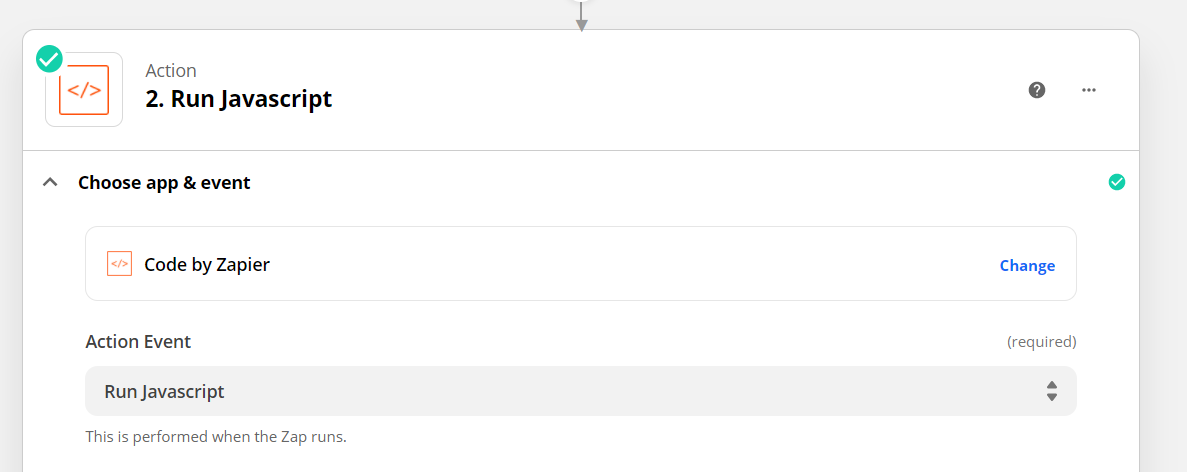 A screenshot showing the Run Javascript settings in Zapier.