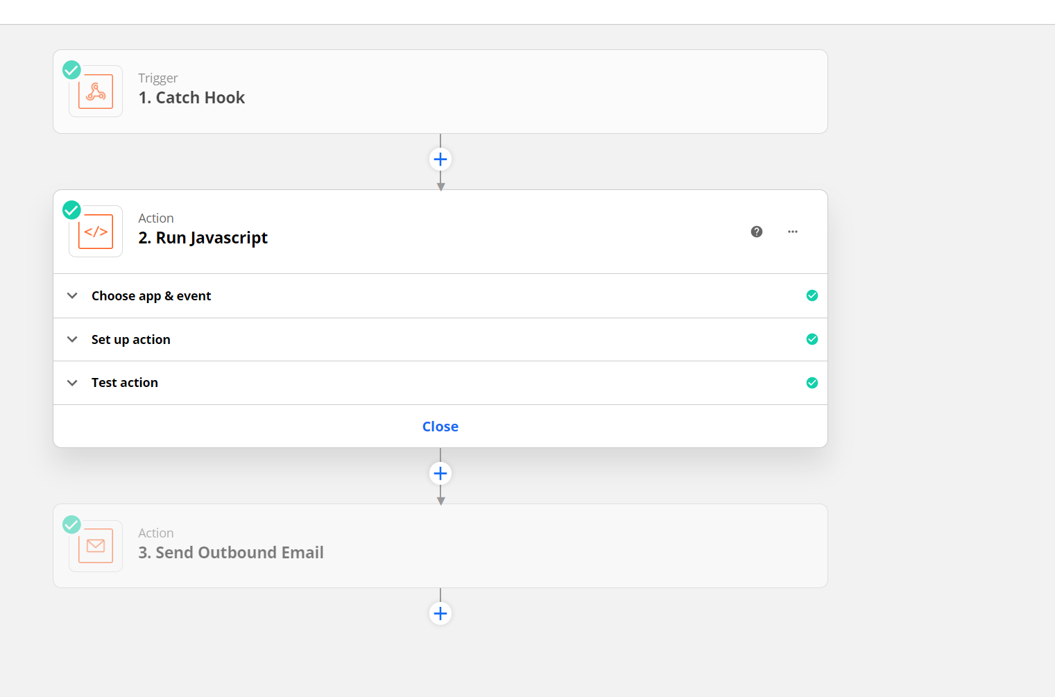 A screenshot showing the Trigger, Action, and Second Action sections in Zapier.