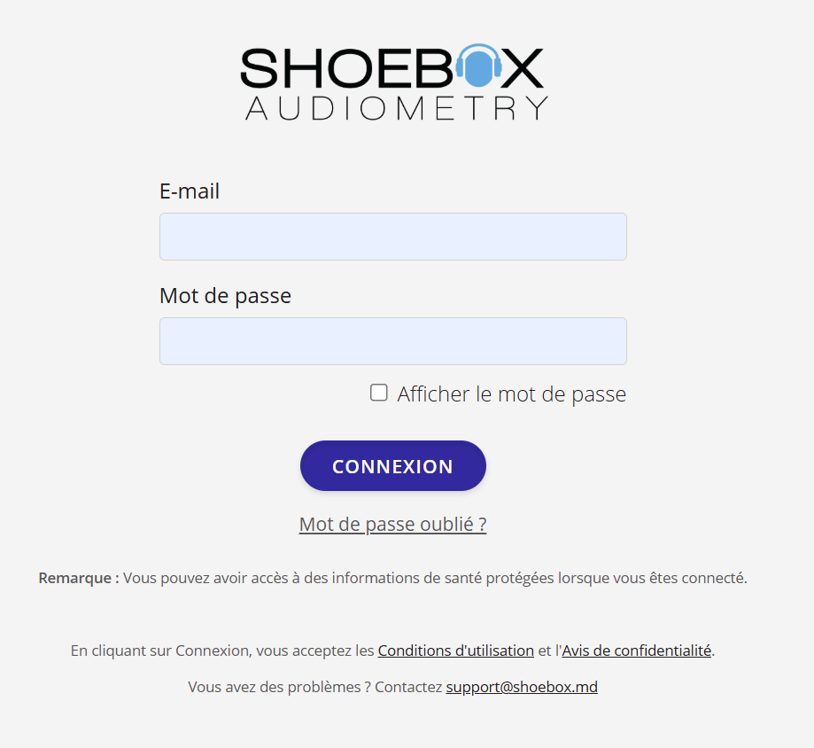 Une capture d'écran de l'écran de connexion au portail de gestion des données SHOEBOX