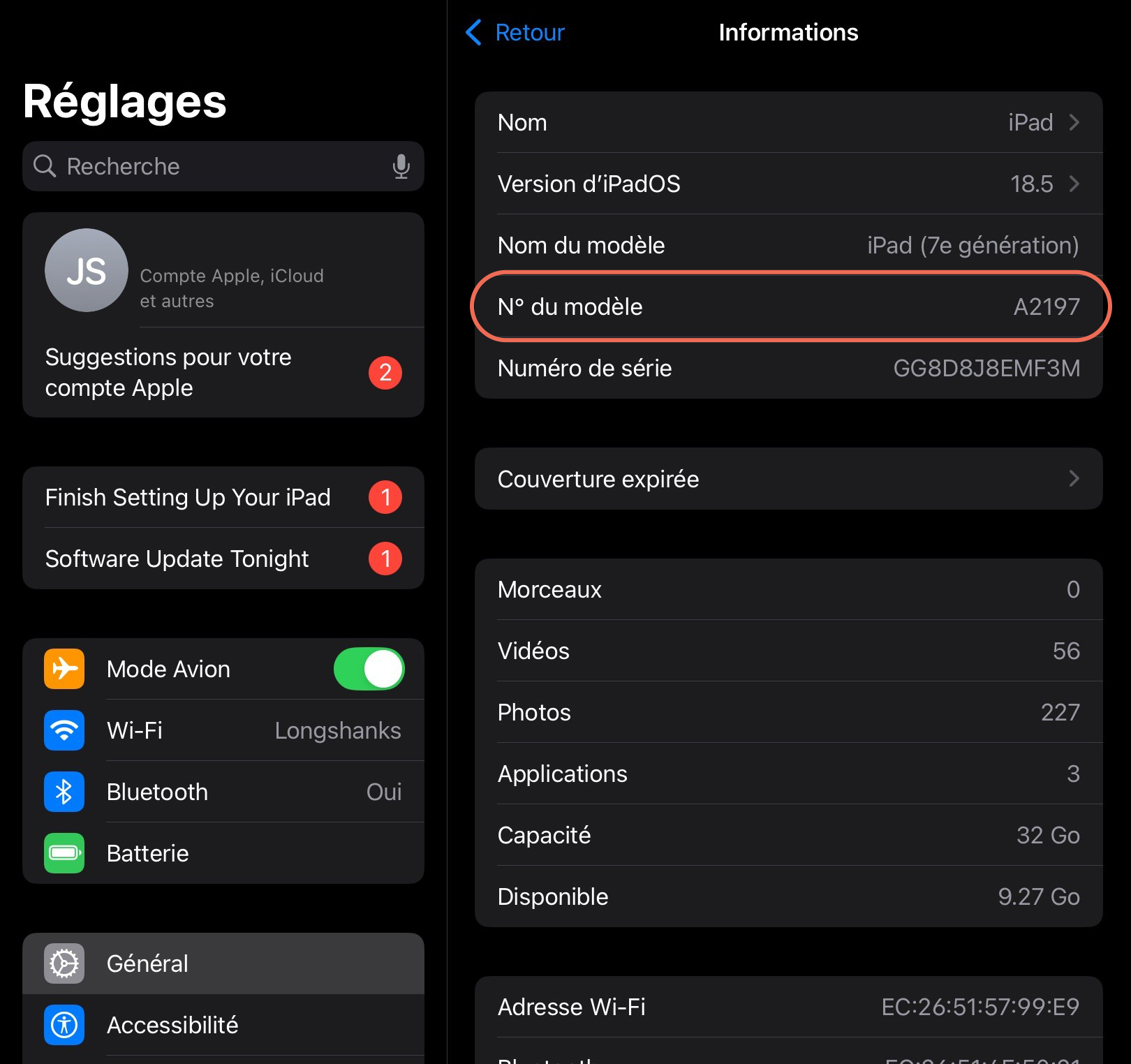 Une capture d'écran des paramètres d'un iPad, avec le numéro de modèle mis en évidence.